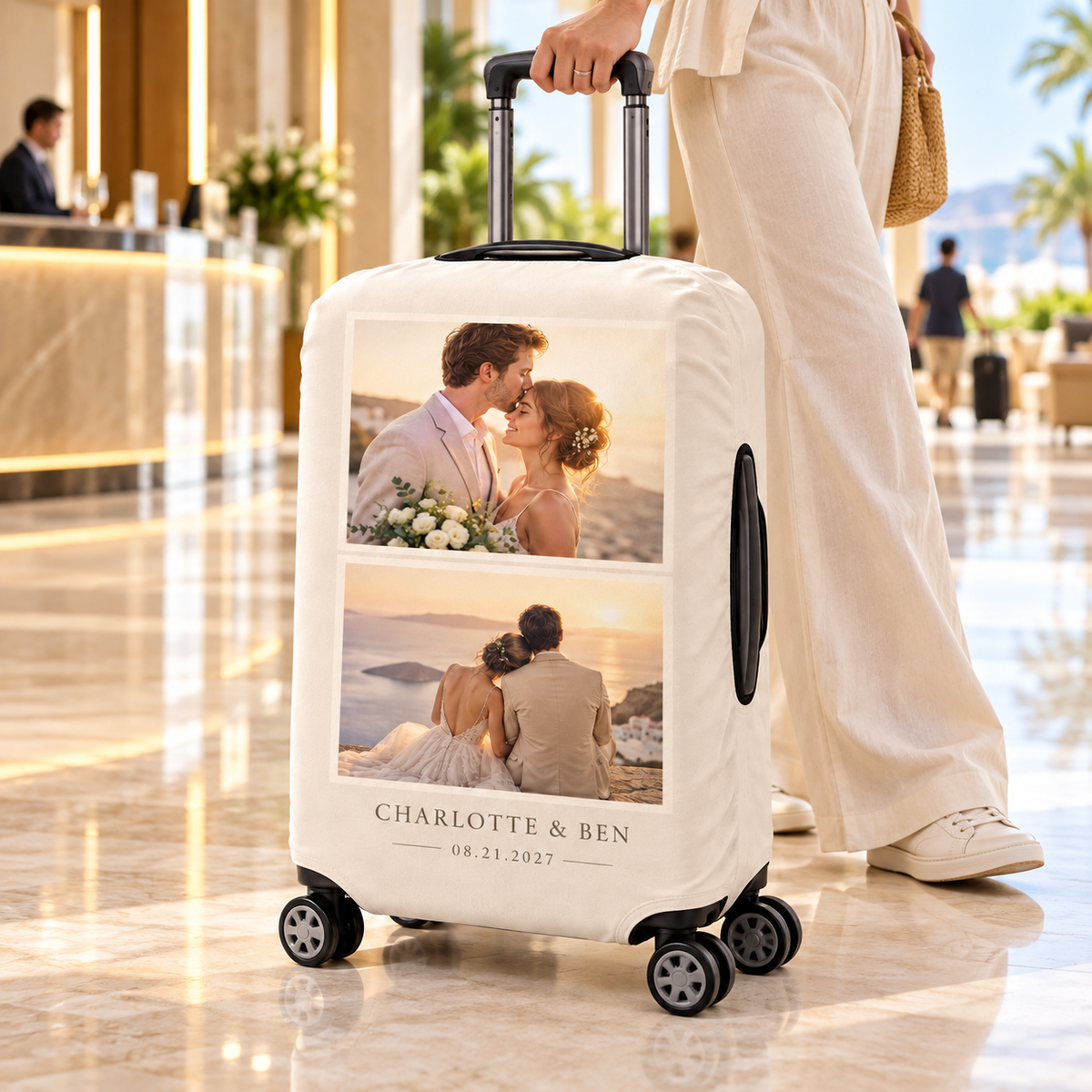 Wedding Photo Memories Luggage Cover; lifestyle. One Day for Lifetime