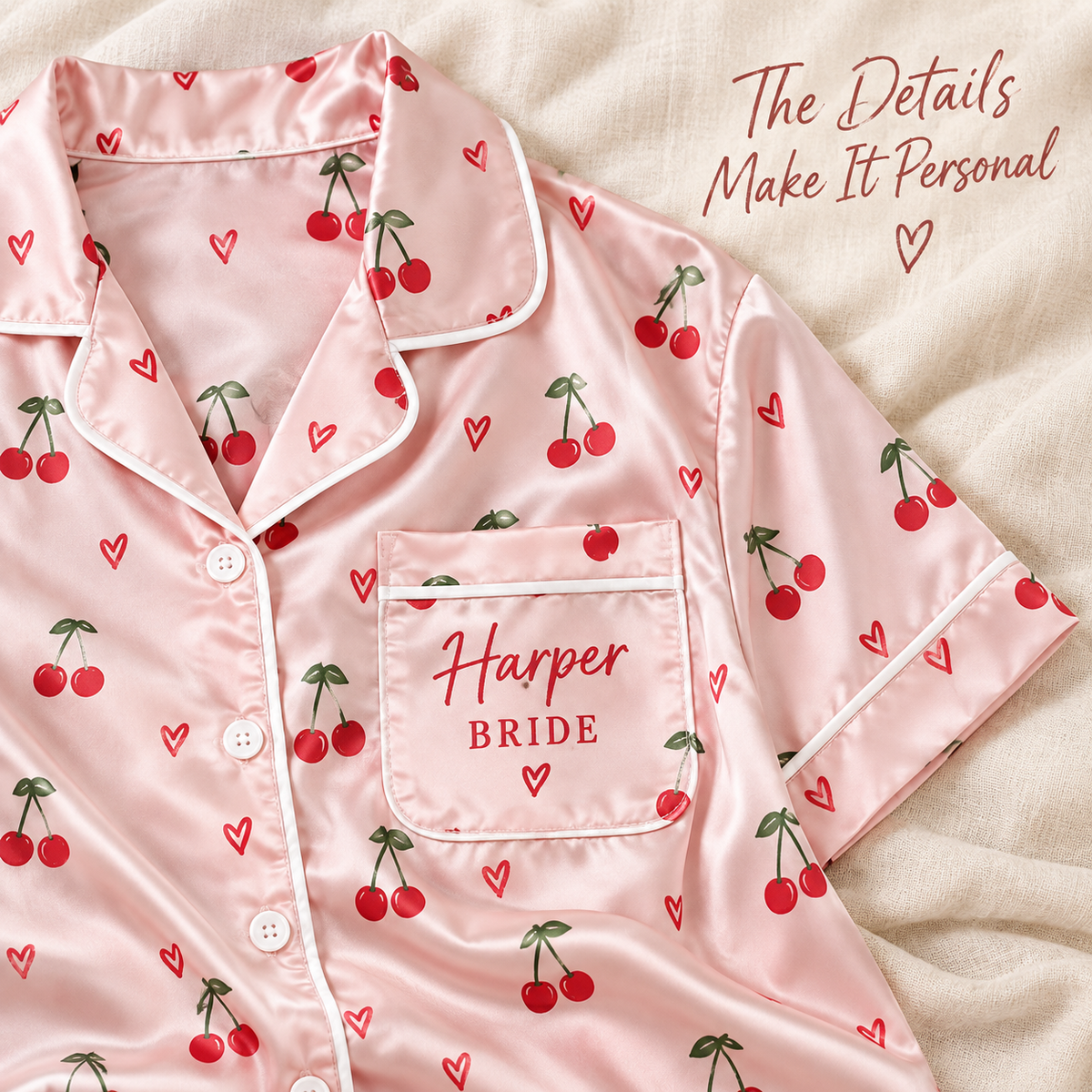 Cherry Sweethearts | Personalized Satin Pajama Shirt Dress - detail