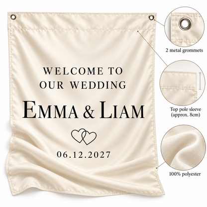 Ivory Linked Hearts personalized wedding house flag - construction detail