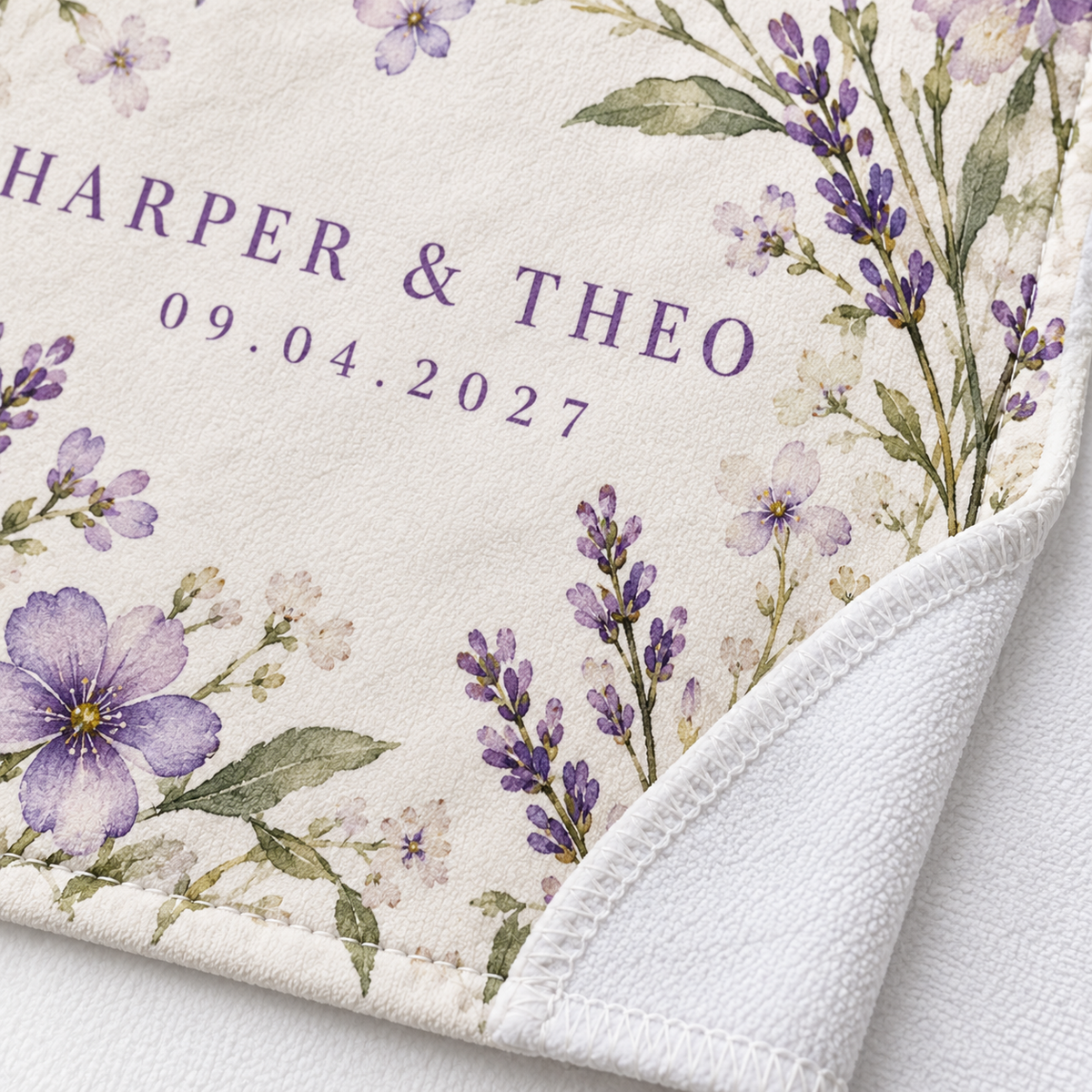 Lilac Meadow personalized wedding hand towel - detail