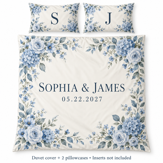 Dusty Blue Floral personalized wedding duvet cover set - hero