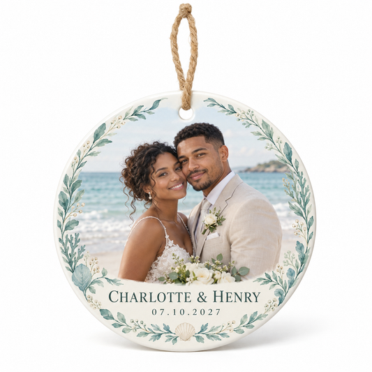 Teal Tides personalized ceramic photo ornament - hero