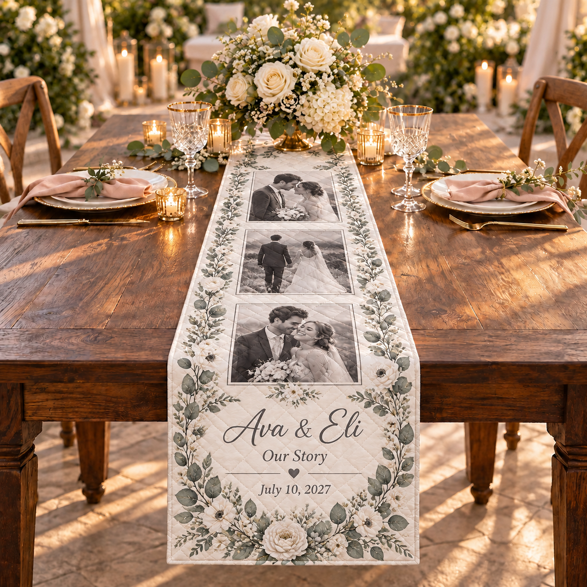 Our Story in Photos Quilt Table Runner; variant print. One Day for Lifetime