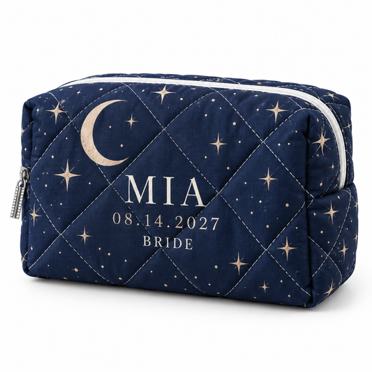 Navy Moon Stars quilted makeup pouch - white hero