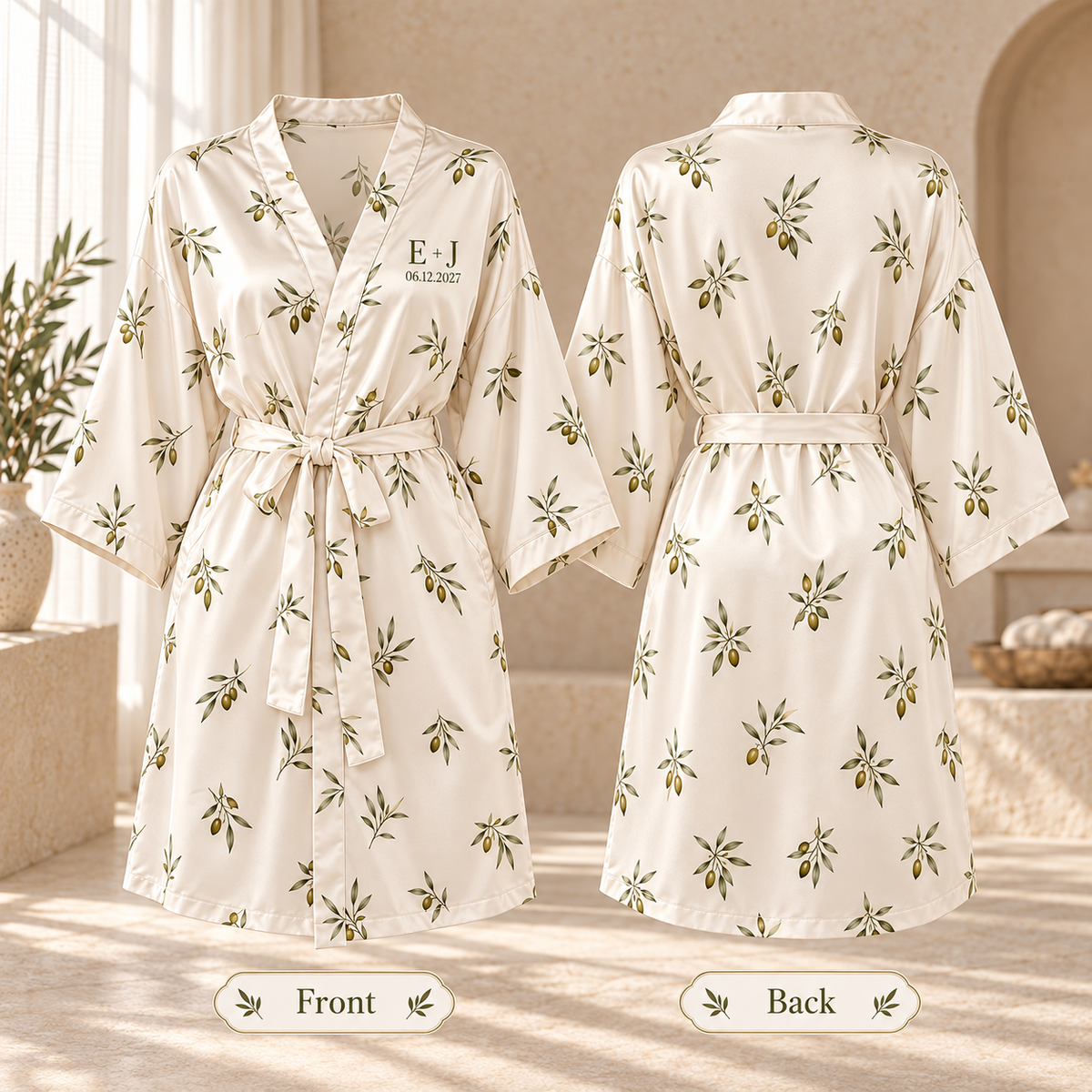 Heirloom Initials Personalized Satin Robe; front back. One Day for Lifetime