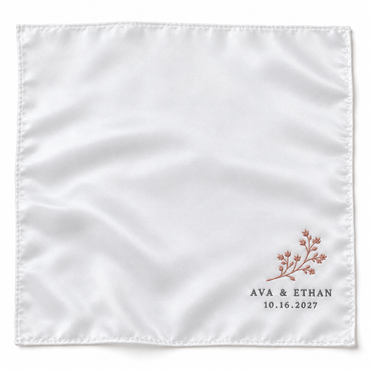 Terracotta Sprig embroidered satin wedding handkerchief - hero