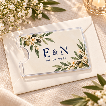 Olive Monogram Card Sleeve; wedding setting. One Day for Lifetime