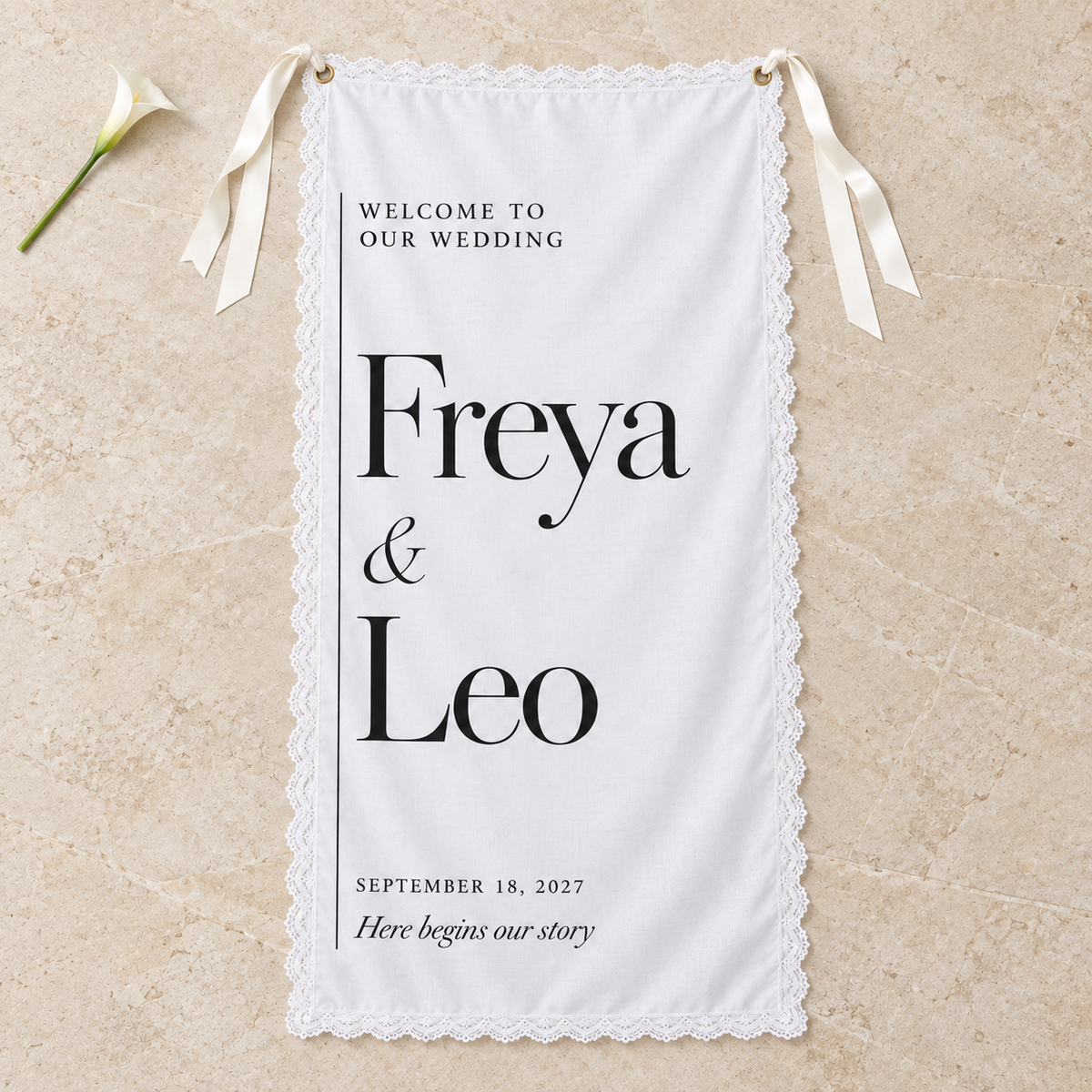 Modern Margin | Personalized Lace Wedding Banner - overhead flatlay