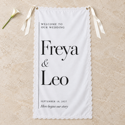 Modern Margin | Personalized Lace Wedding Banner - overhead flatlay