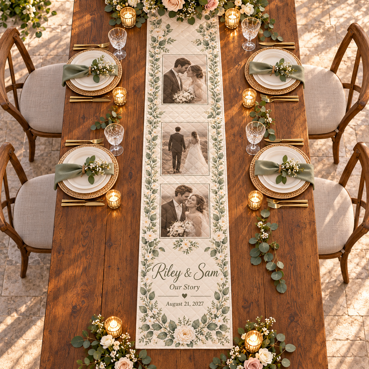 Our Story in Photos Quilt Table Runner; overhead context. One Day for Lifetime