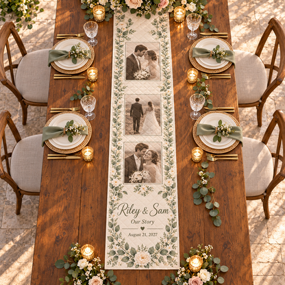 Our Story in Photos Quilt Table Runner; overhead context. One Day for Lifetime