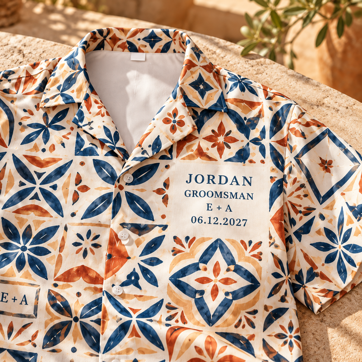Wedding Party Name Mosaic Hawaiian Shirt; print detail. One Day for Lifetime