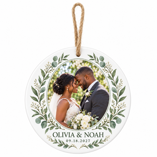 Sage Leaf personalized ceramic photo ornament - hero
