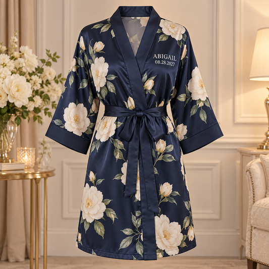Evening Camellia Personalized Satin Robe; hero. One Day for Lifetime