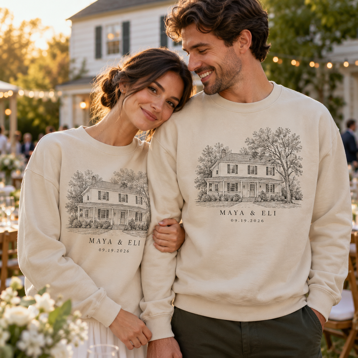 Childhood Home Venue Personalized Crewneck Sweatshirt; lifestyle context. One Day for Lifetime