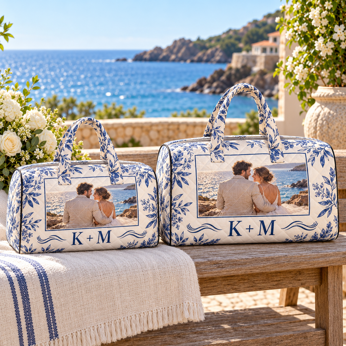Honeymoon Memory Personalized Quilted Weekend Bag; size comparison. One Day for Lifetime