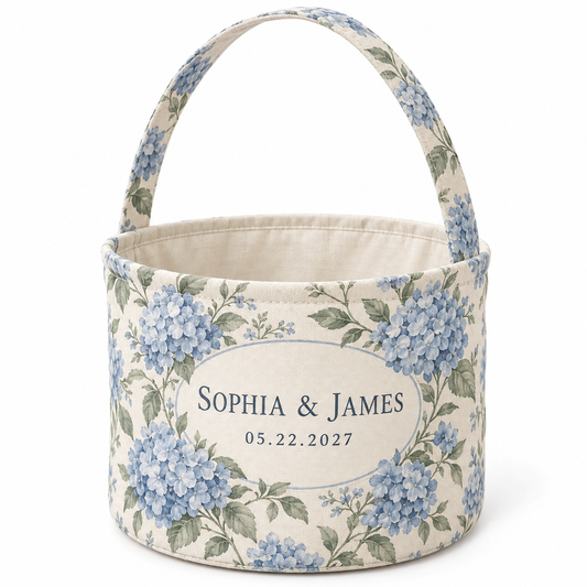 Dusty Blue Hydrangea personalized fabric gift basket - hero