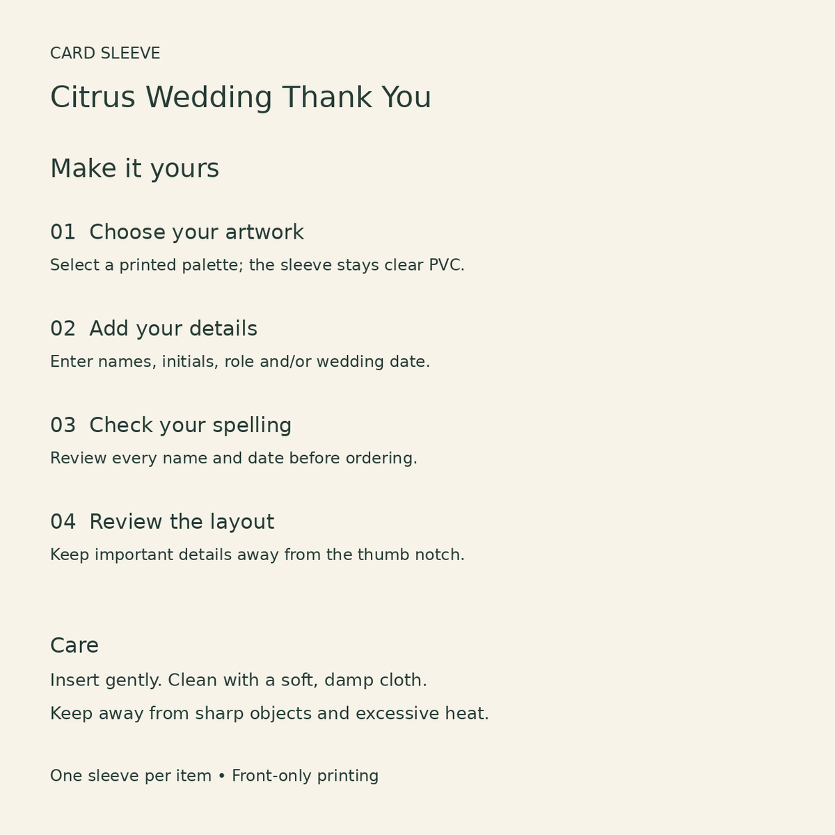 Citrus Wedding Thank You Card Sleeve; personalization care. One Day for Lifetime