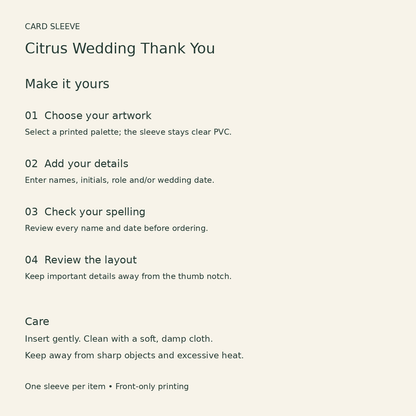 Citrus Wedding Thank You Card Sleeve; personalization care. One Day for Lifetime