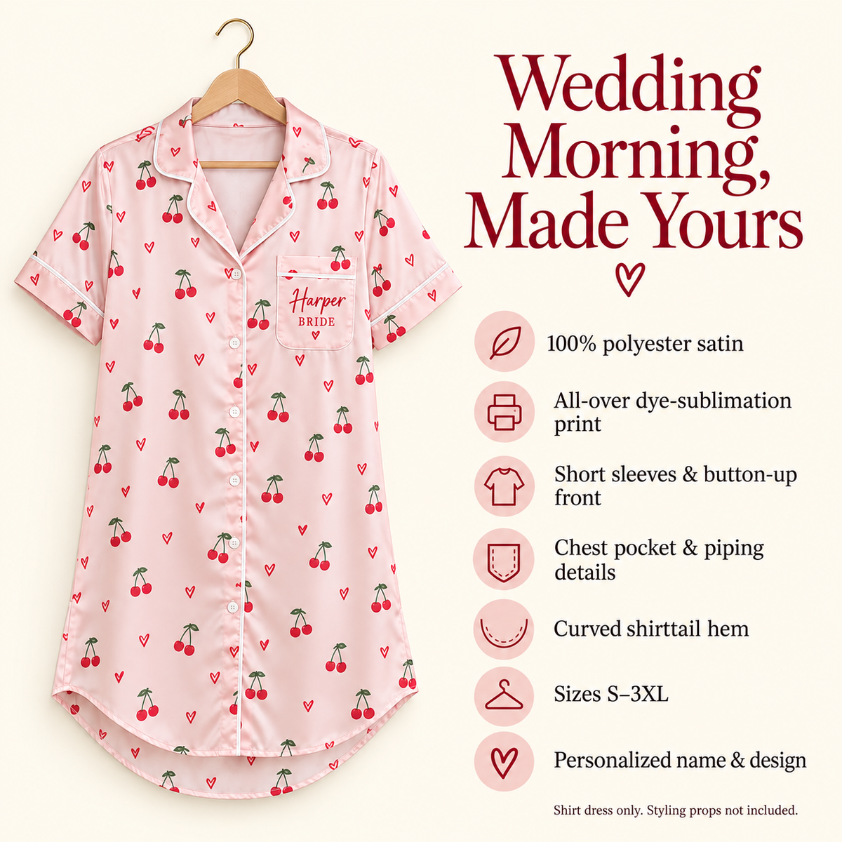 Cherry Sweethearts | Personalized Satin Pajama Shirt Dress - information
