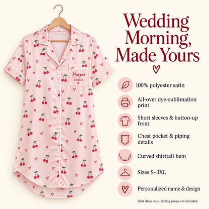Cherry Sweethearts | Personalized Satin Pajama Shirt Dress - information