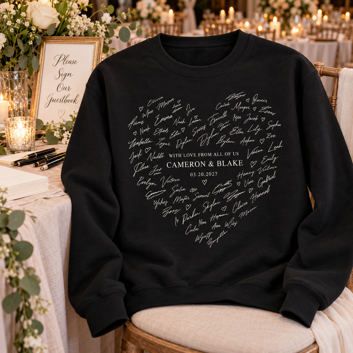 Guest Signature Heart Personalized Crewneck Sweatshirt; alternate personalization. One Day for Lifetime