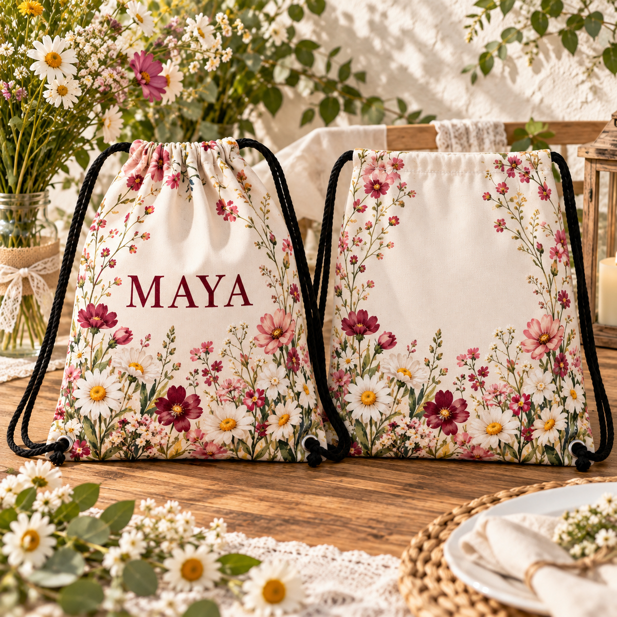 Meadow Thank You Drawstring Bag; front back display. One Day for Lifetime