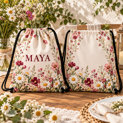 Meadow Thank You Drawstring Bag; front back display. One Day for Lifetime