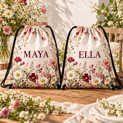 Meadow Thank You Drawstring Bag; personalization examples. One Day for Lifetime