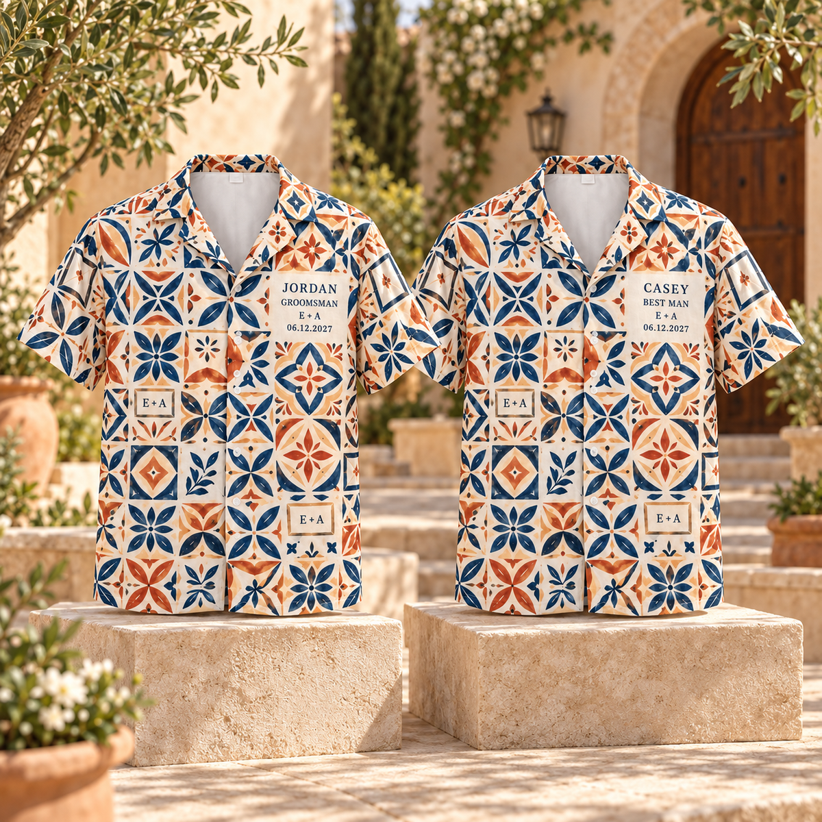Wedding Party Name Mosaic Hawaiian Shirt; personalization examples. One Day for Lifetime