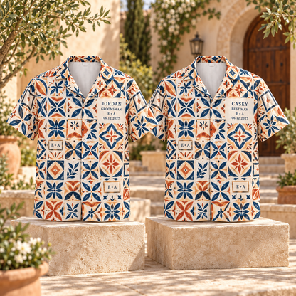 Wedding Party Name Mosaic Hawaiian Shirt; personalization examples. One Day for Lifetime