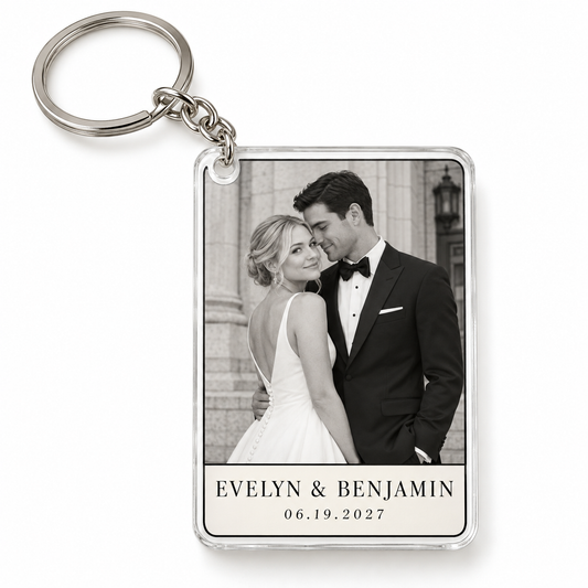 Editorial Photo personalized acrylic wedding keychain - hero
