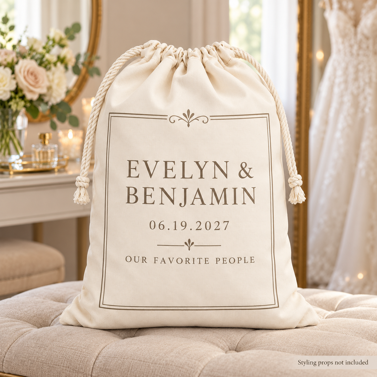 Minimalist Ivory personalized drawstring gift bag - bridal room