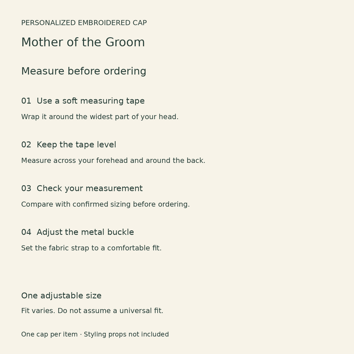 Mother of the Groom Embroidered Cap; fitting guide. One Day for Lifetime