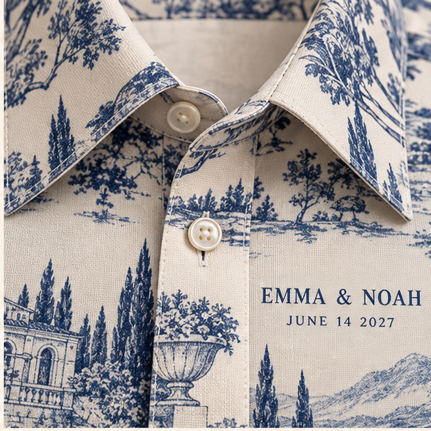 Venue Blueprint Short Sleeve Button-Down Shirt; print material detail. One Day for Lifetime