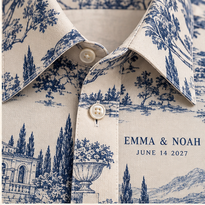 Venue Blueprint Short Sleeve Button-Down Shirt; print material detail. One Day for Lifetime