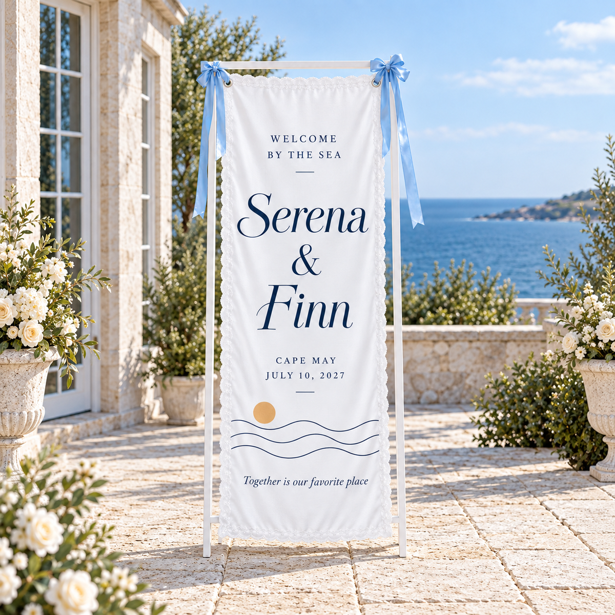 A Tide of Welcome | Personalized Lace Wedding Banner - hero