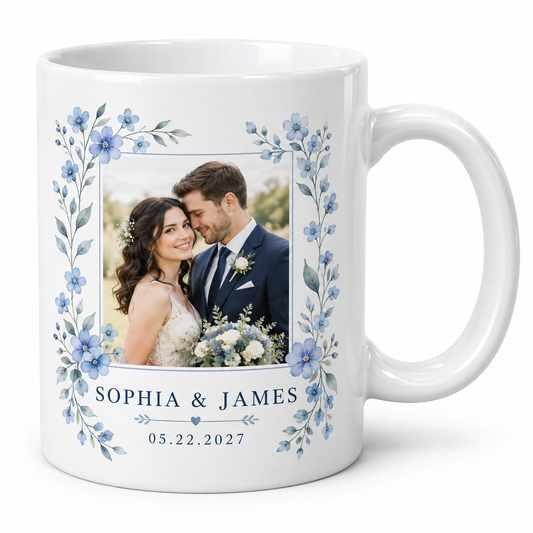 Dusty Blue Floral Photo personalized wedding ceramic mug - hero