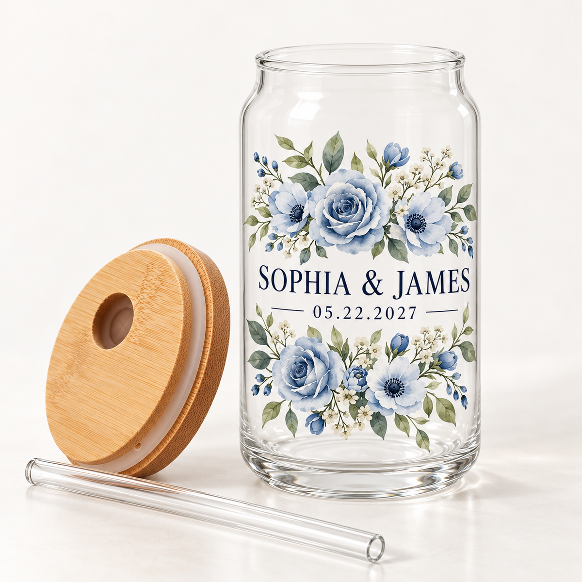 Dusty Blue Flowers personalized sipper glass - material detail