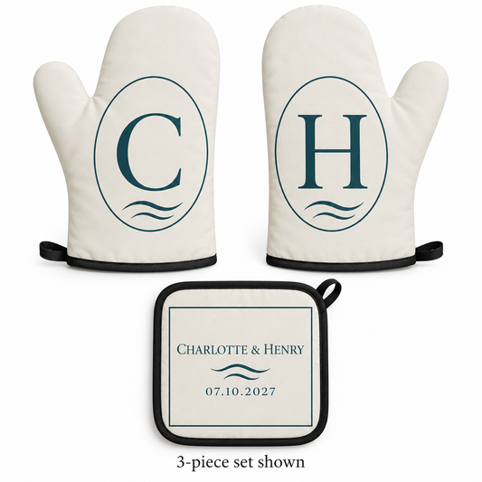 Coastal Vows personalized oven mitt and pot holder - hero