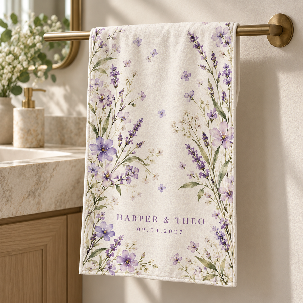 Lilac Meadow personalized wedding hand towel - rail