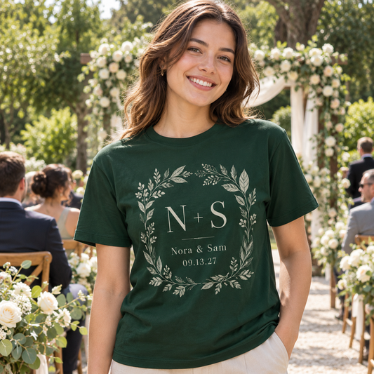Garden Ceremony Initials Personalized Printed T-Shirt; hero. One Day for Lifetime