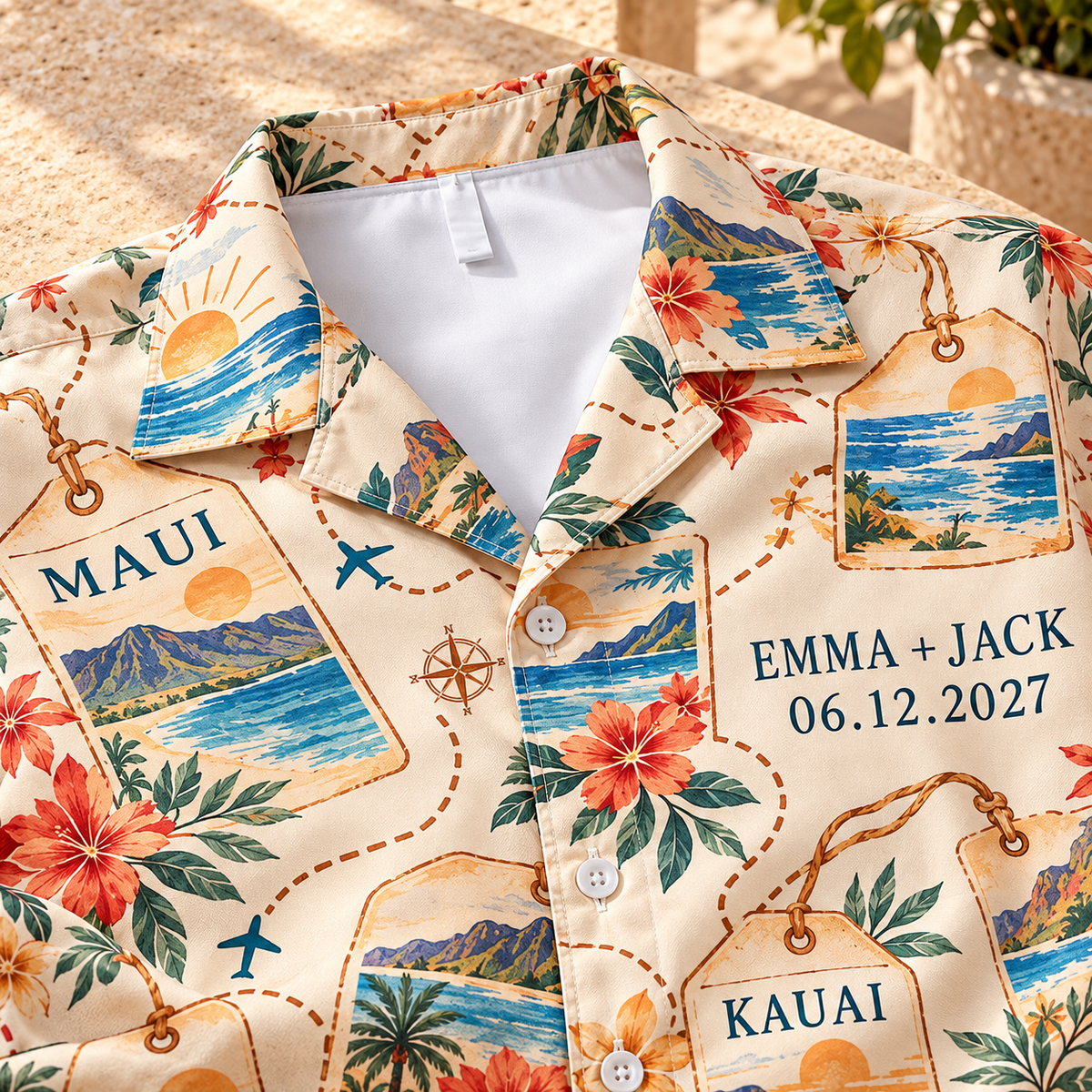 Honeymoon Travel Journal Hawaiian Shirt; print detail. One Day for Lifetime
