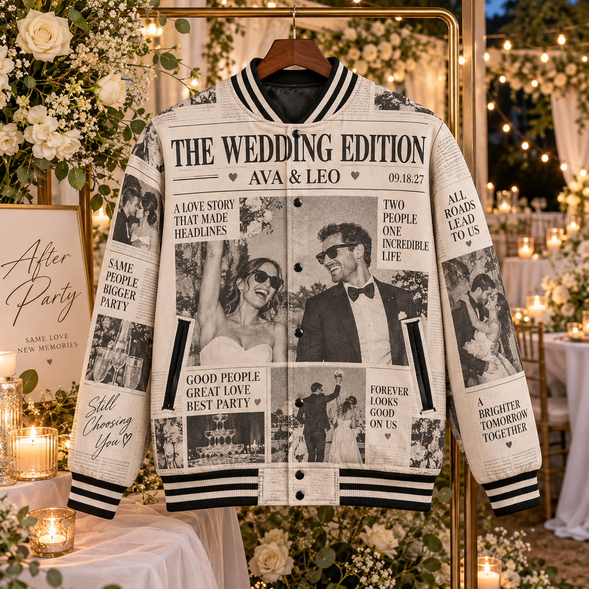 Wedding Newspaper Varsity Jacket; hero. One Day for Lifetime