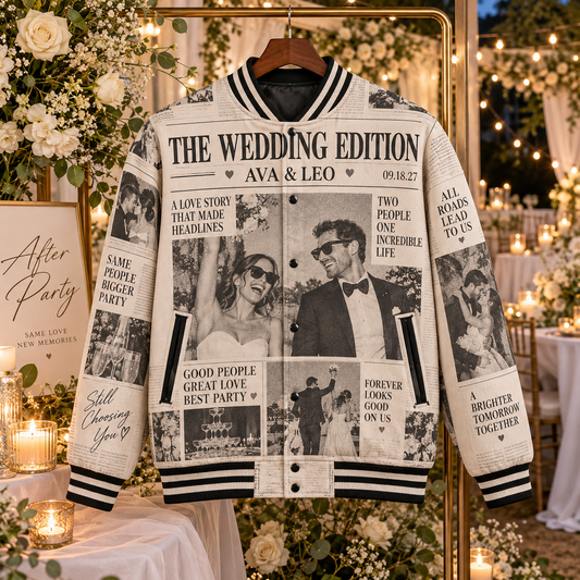 Wedding Newspaper Varsity Jacket; hero. One Day for Lifetime