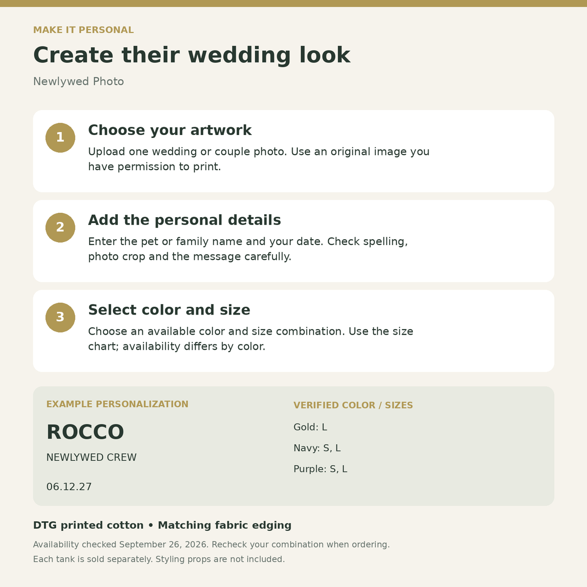 Newlywed Photo Crew Pet Tank Top; personalization guide. One Day for Lifetime