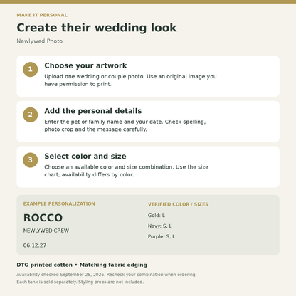 Newlywed Photo Crew Pet Tank Top; personalization guide. One Day for Lifetime