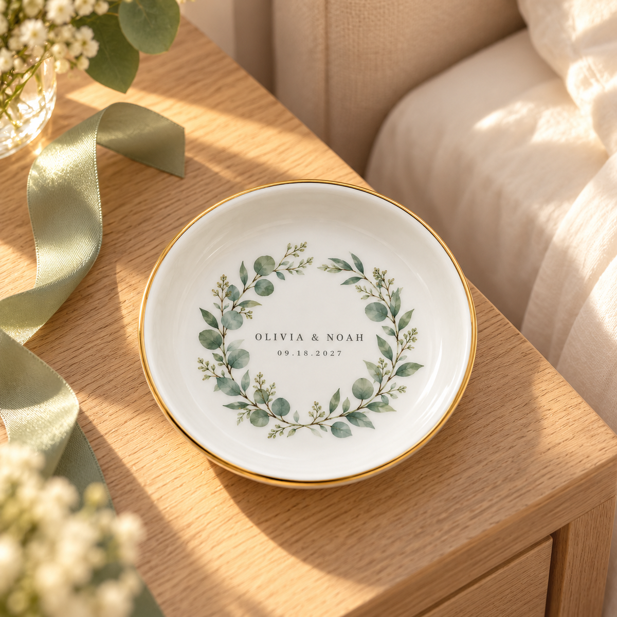 Sage Wreath personalized ceramic jewelry dish - wedding morning