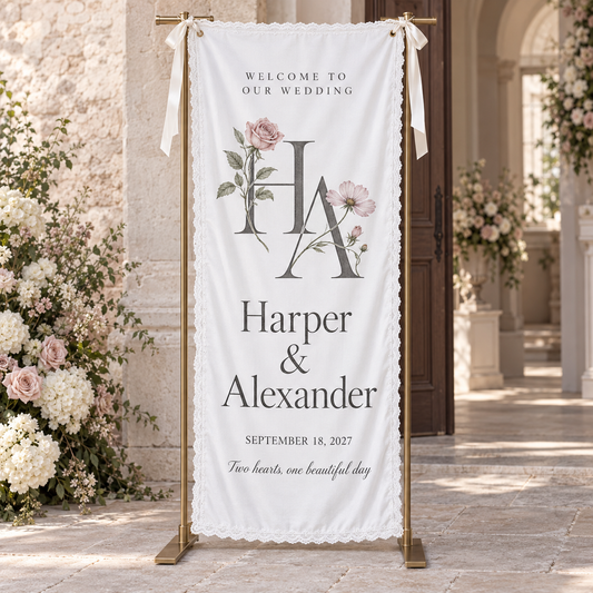 Pressed Petal Initials | Personalized Lace Wedding Banner - hero
