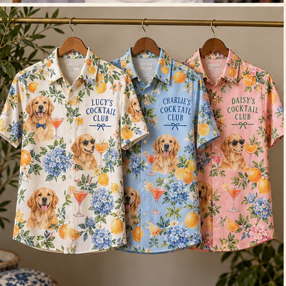 Pet Cocktail Hour Short Sleeve Button-Down Shirt; palette variants. One Day for Lifetime